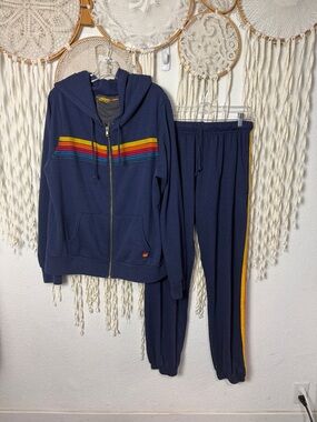 Aviator Nation Co-Ed % Stripe Zip Front Hoodie and Sweatpant Set Size XL
